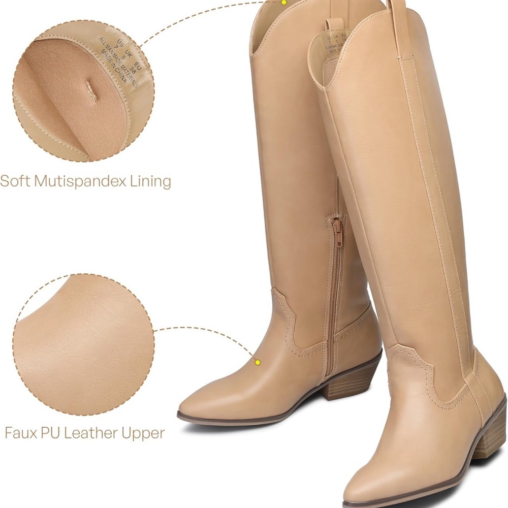 NWT Tan Knee-High Cowboy Boots / Vegan Leather / Faux Leather - Picture 7 of 17